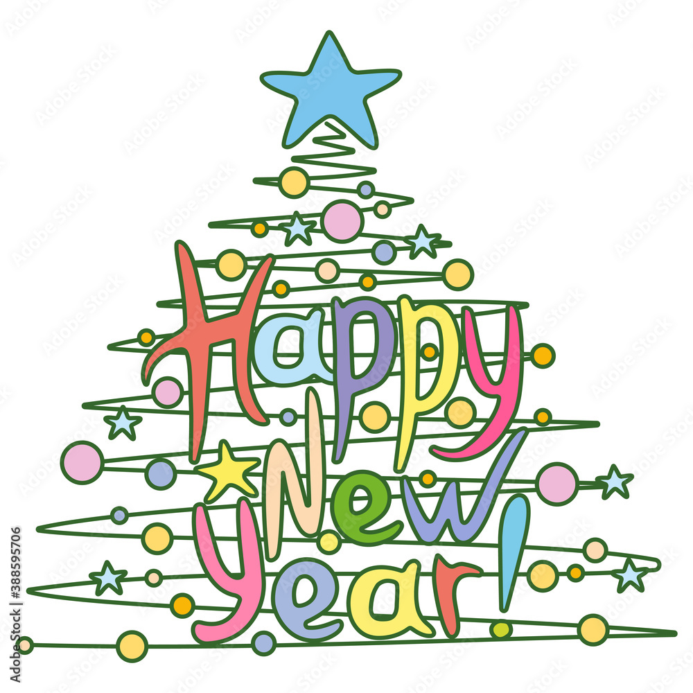 stylized christmas tree with happy new year lettering, decoration, stars and balls. joyful colorful vector line art illustration for greeting postcard