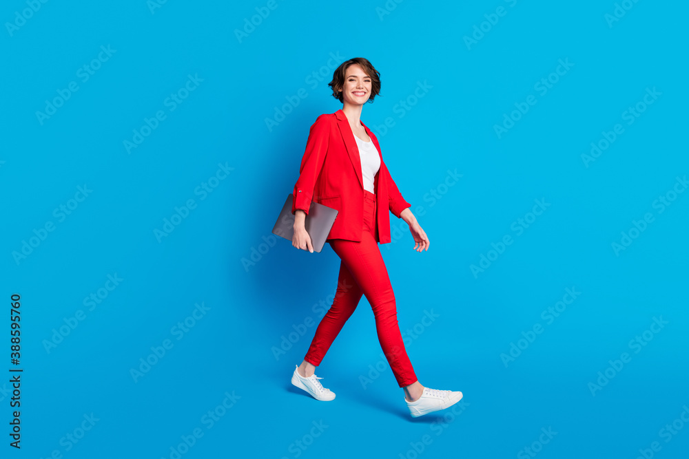 Full length body size view of attractive cheerful businesslady specialist going carrying laptop isolated over bright blue color background