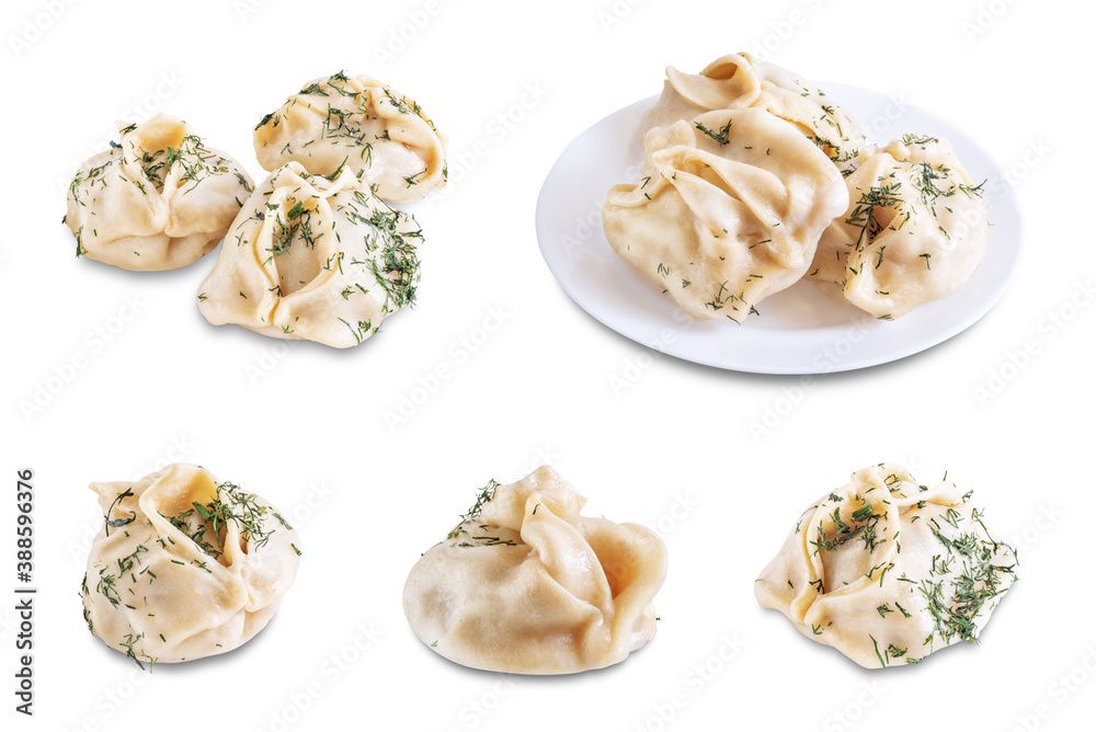 Steamed manta rays with meat sprinkled with dill in a plate on a white isolated background Steamed manta rays with meat sprinkled with dill in a plate on a white isolated background