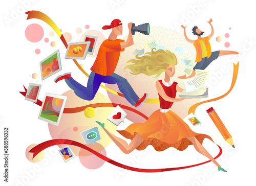 office life, deadline. illustration the girl, the photographer and the boss