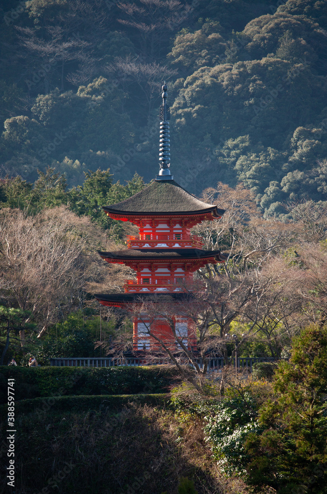 Naklejka premium The red tower of the Taisanji Temple at Kiyomizudera Temple in Kyoto in Japan