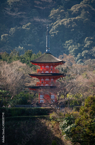 The red tower of the Taisanji Temple at Kiyomizudera Temple in Kyoto in Japan