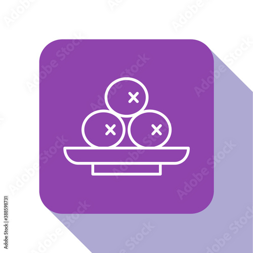 White line Olives on plate icon isolated on white background. Purple square button. Vector.