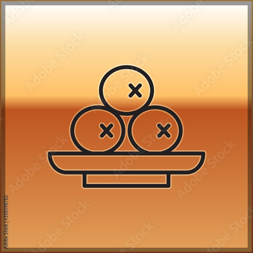 Black line Olives on plate icon isolated on gold background. Vector.