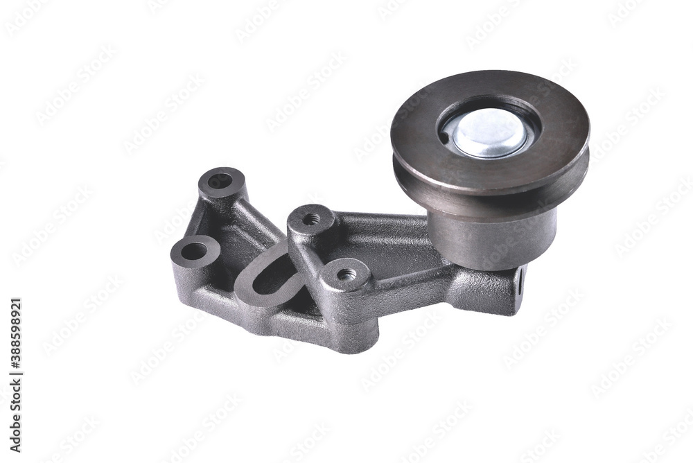 pump drive belt tensioner for car engine cooling system, engine pump drive belt tensioner roller, auto engine cooling system detail, car repair, truck engine detail, close-up pump drive belt tensioner for car engine cooling system, engine pump drive belt tensioner roller, auto engine cooling system detail, car repair, truck engine detail, close-up