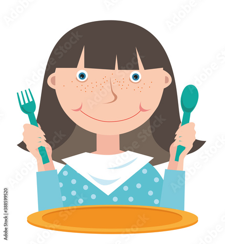 Girl with a spoon and fork in her hands in front of an empty plate waiting for food. White background
