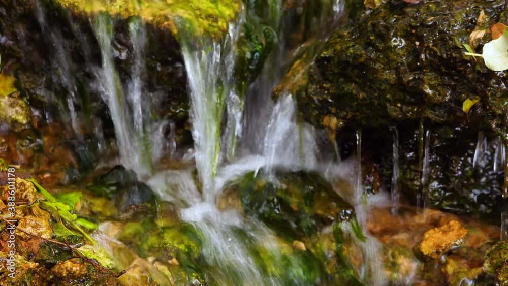 A small waterfall, a fast stream of fresh water flows out of the spring. Ukraine A small waterfall, a fast stream of fresh water flows out of the spring. Ukraine
