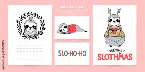 Cute Sloth, Merry Christmas cards collection. Vector funny illustrations for winter holidays. Doodle lazy sloths bears and lettering inscriptions. Happy New Year and Xmas animals set