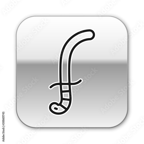 Black line Medieval sword icon isolated on white background. Medieval weapon. Silver square button. Vector.