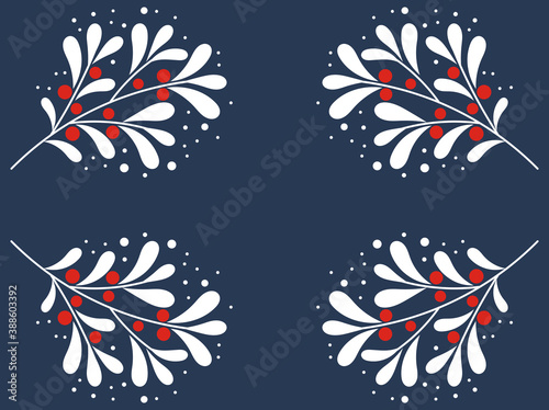 Christmas white mistletoe branches winter blue background card.