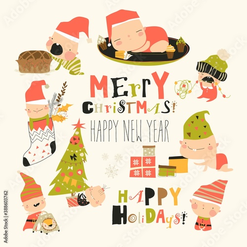 Set of cute babies with Christmas elements