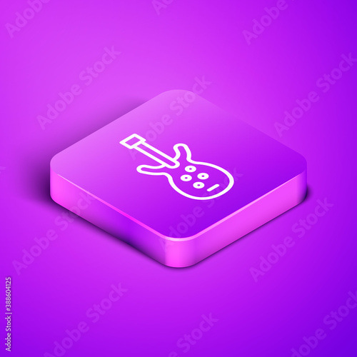 Isometric line Electric bass guitar icon isolated on purple background. Purple square button. Vector.
