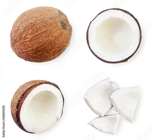 Coconut set whole, half and pieces on white isolated background. Top view