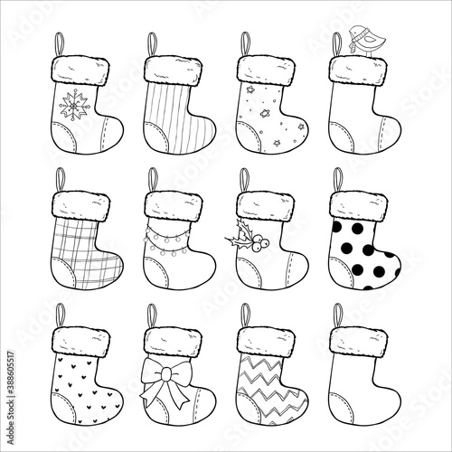 Christmas stockings set hand drawn vector illustration, black and white. Sock-shaped bags. Decorated winter socks, Saint Nicholas Day gifts