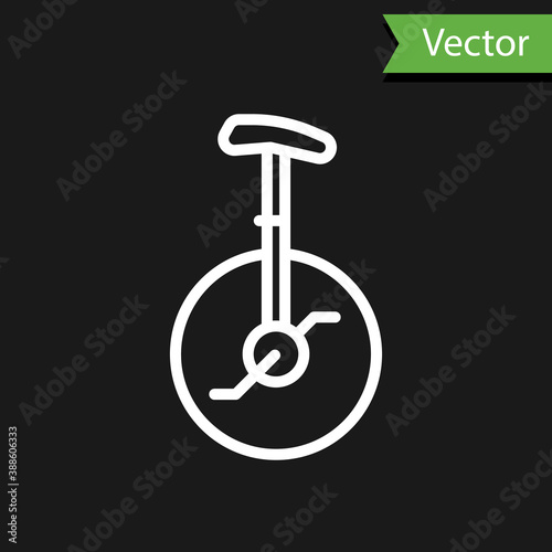 White line Unicycle or one wheel bicycle icon isolated on black background. Monowheel bicycle. Vector.