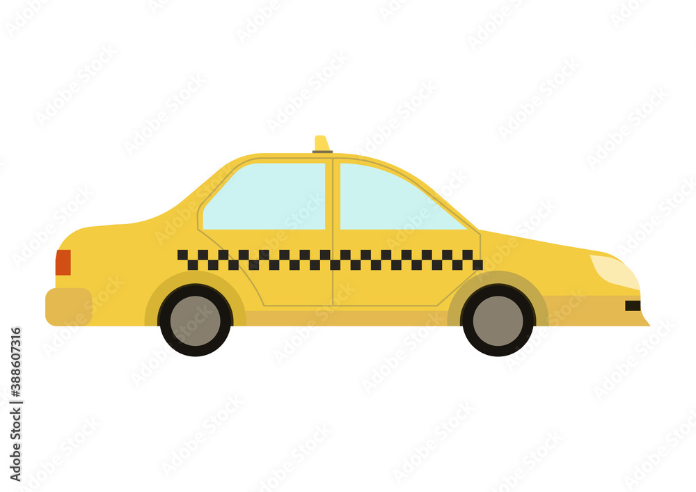 Yellow flat taxi car. Vector illustration isolated.