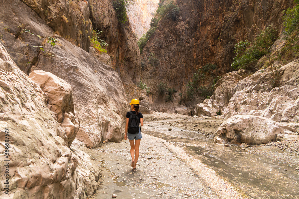 Tourist young woman in deep Saklikent Canyon in southern Turkey