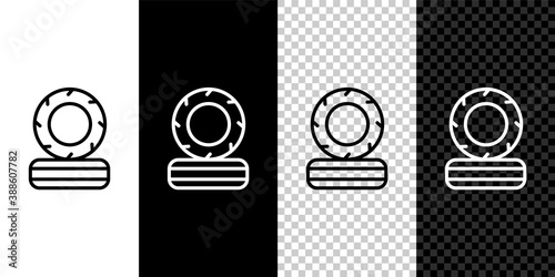 Set line Lying burning tires icon isolated on black and white background. Vector.