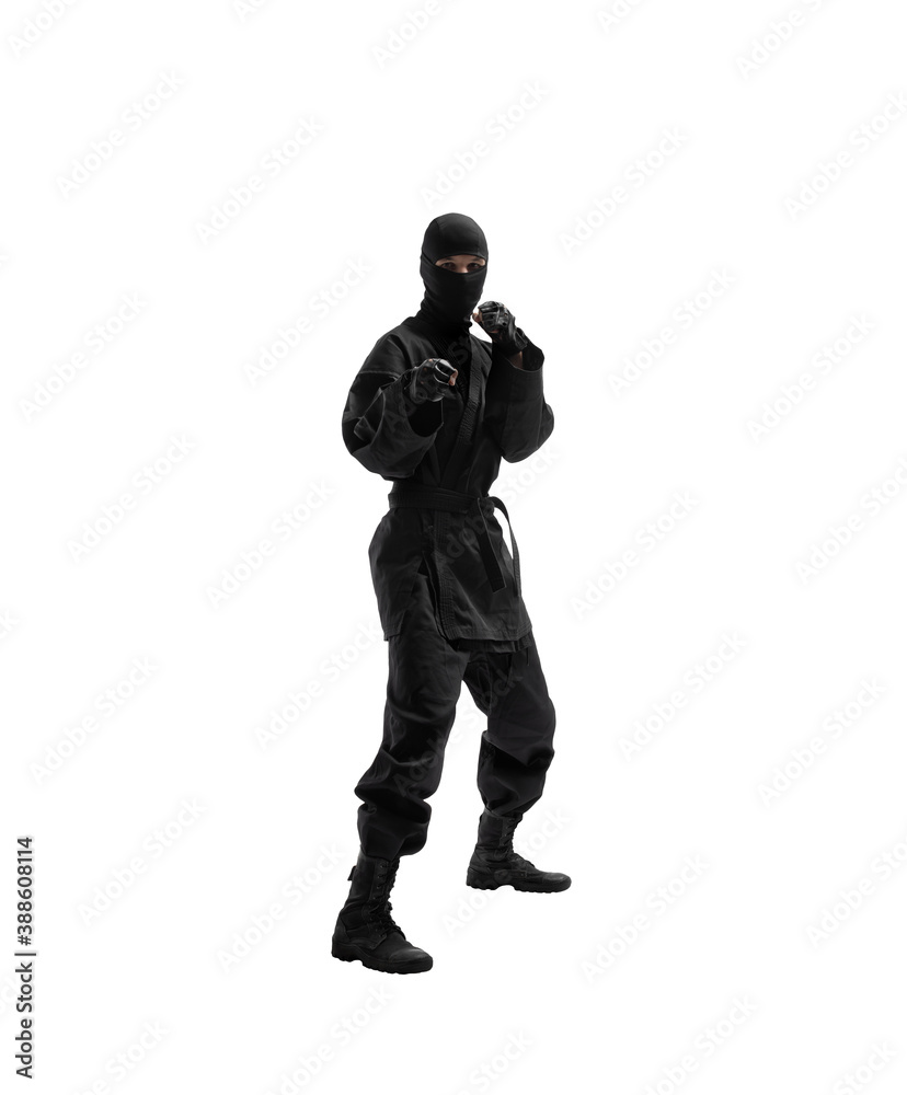 japanese ninja in black uniform on white background