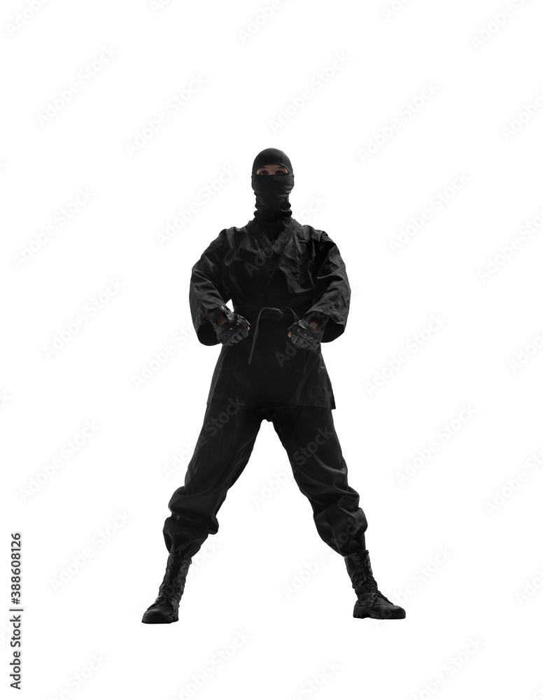 japanese ninja in black uniform on white background