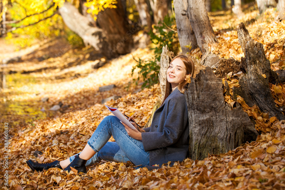 Young girl draws in the album while sitting in the autumn park Young girl draws in the album while sitting in the autumn park