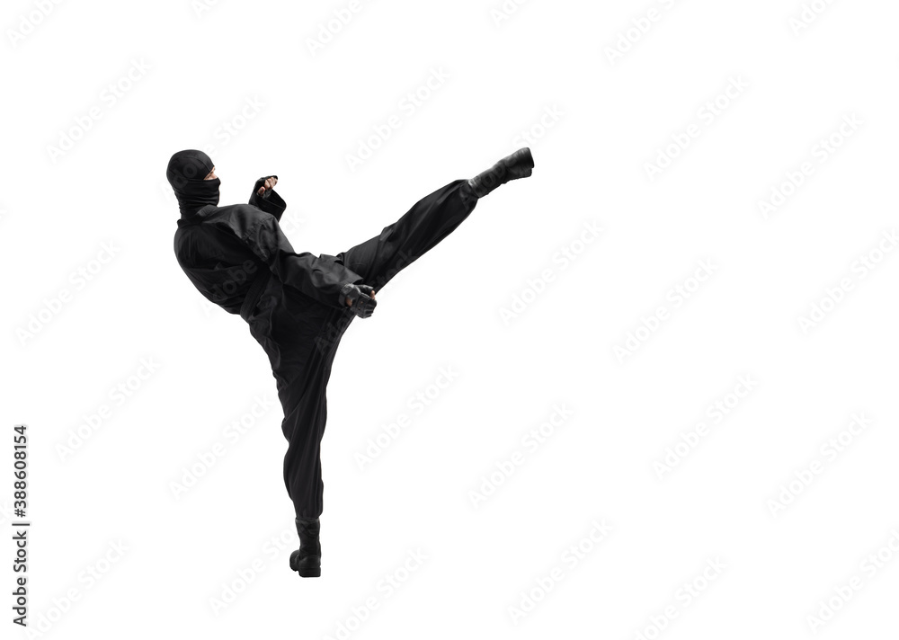 japanese ninja in black uniform on white background japanese ninja in black uniform on white background