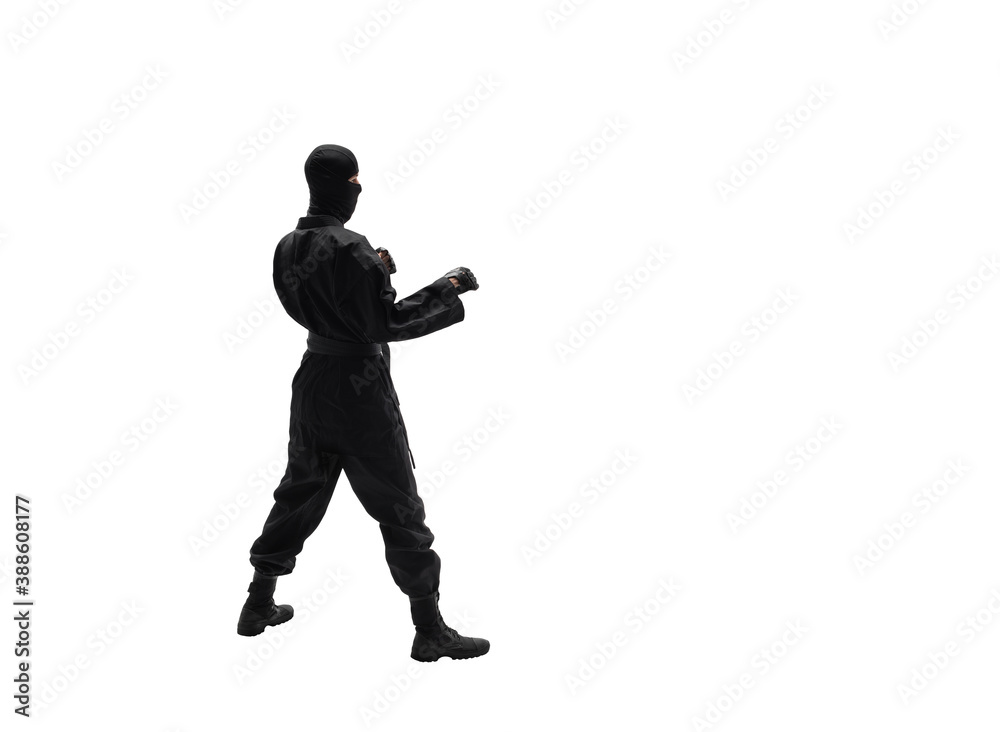 japanese ninja in black uniform on white background japanese ninja in black uniform on white background