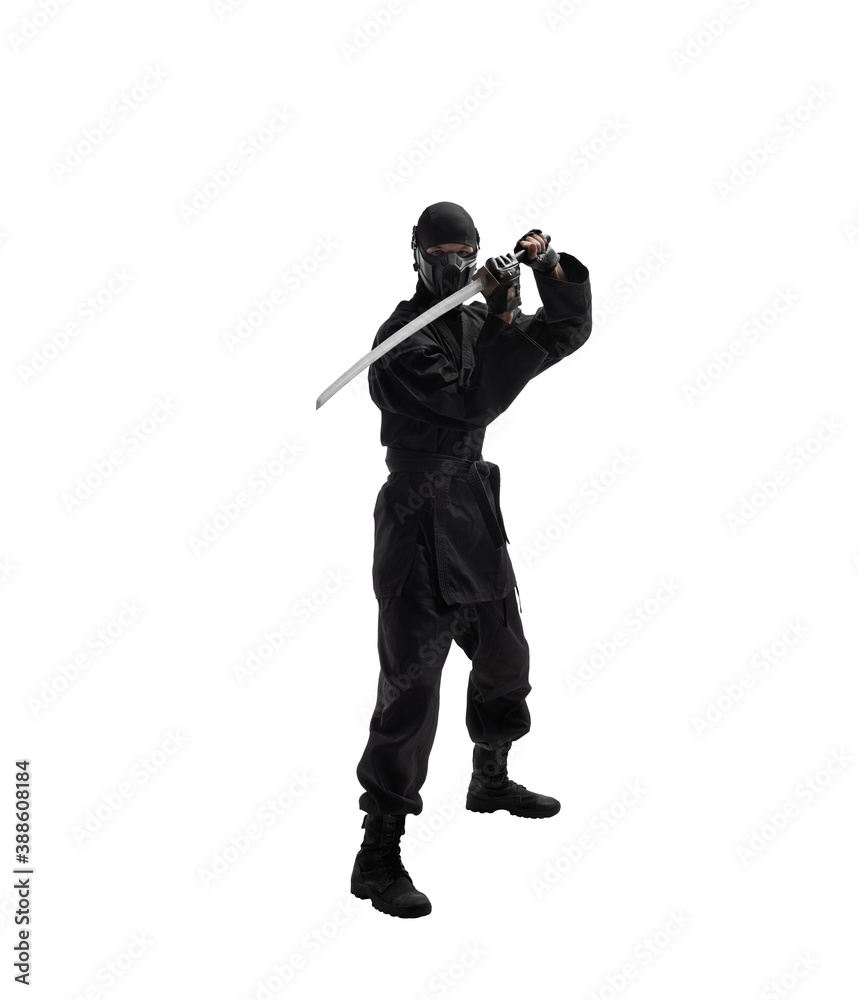 japanese ninja in black uniform on white background japanese ninja in black uniform on white background