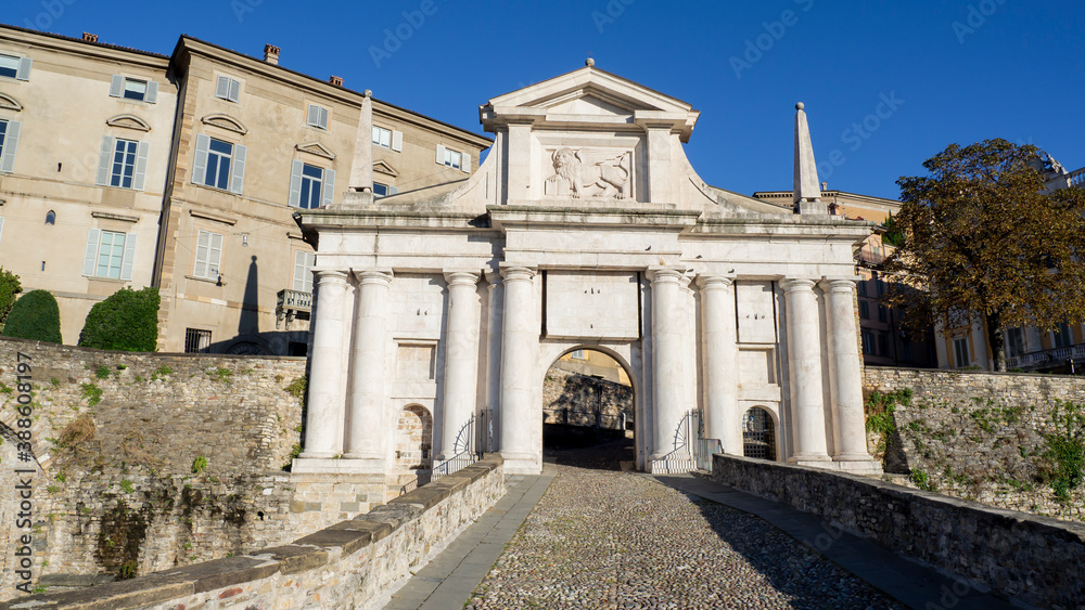 Bergamo, Italy. The old town. Amazing landscape at the ancient gate Porta San Giacomo. Bergamo one of the most beautiful cities in Italy