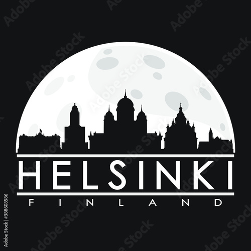 Helsinki Full Moon Night Skyline Silhouette Design City Vector Art.