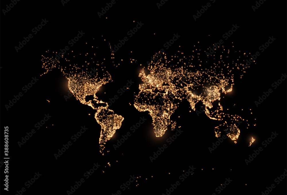 Earth night map. Vector illustration of cities lights from space. Dark globe map