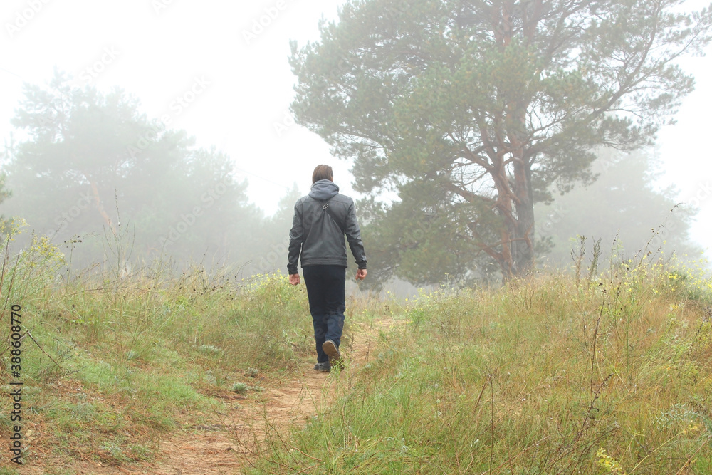 man climbs the trail to the hill in the forest forest in the fog man climbs the trail to the hill in the forest forest in the fog