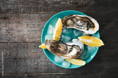 Close-up of fresh open raw oysters with lemon and ice on a blue plate against a wooden background. Healthy seafood. View from above. Copy space. Seafood.