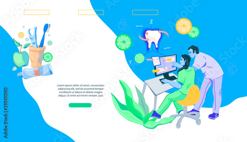 Banner for dentistry website with characters of a dentist using the latest advanced computer technology to treat patients, flat vector illustration. Dental clinic services landing page.