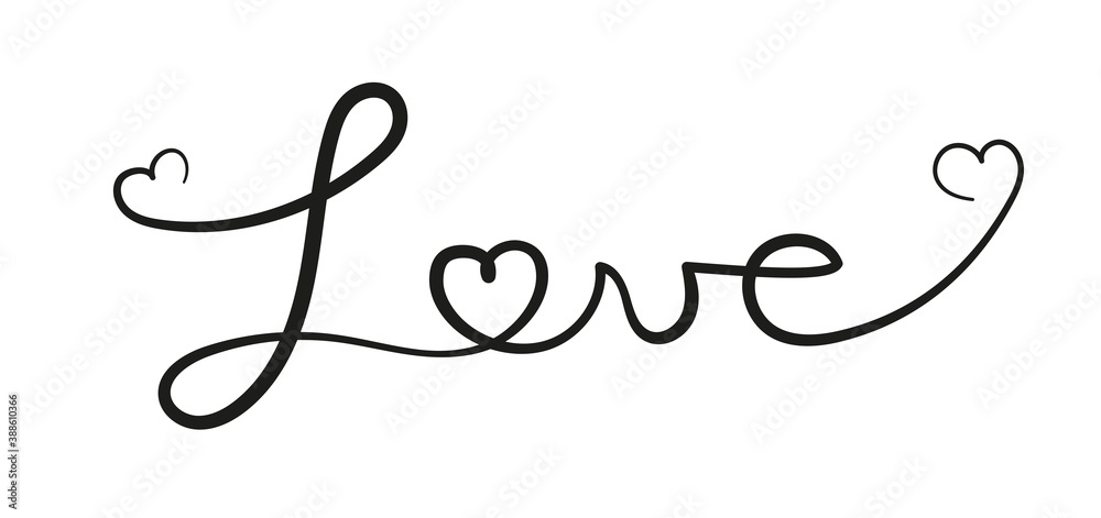 Word love handwritten in one line with hearts. Isolated on white background. Word love handwritten in one line with hearts. Isolated on white background.