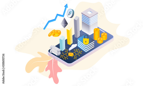 Modern flat design isometric background of blockchain and cryptocurrency for banner and website. Landing page template. Virtual cash transaction, cryptocurrency blockchain concept. Vector illustration