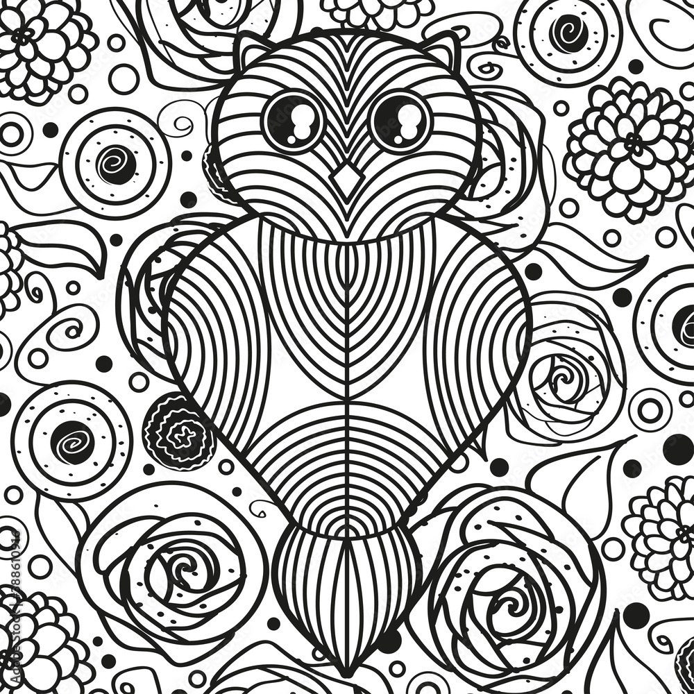 Fototapeta premium Square ornate pattern with outlined owl. Hand drawn ornate background. Black and white illustration