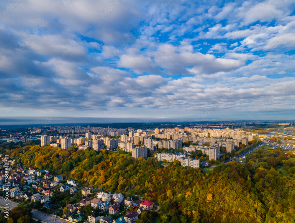 Aerial view of soviet block house district in Kaunas, called Silainiai