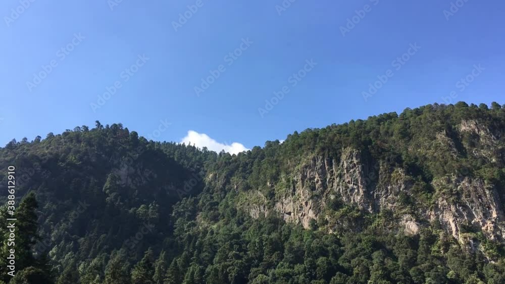 Panning view of a forest and mountains with a blue sky Panning view of a forest and mountains with a blue sky