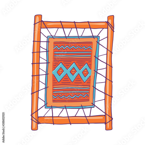Loom frame with woven fabric sketch cartoon vector illustration isolated.