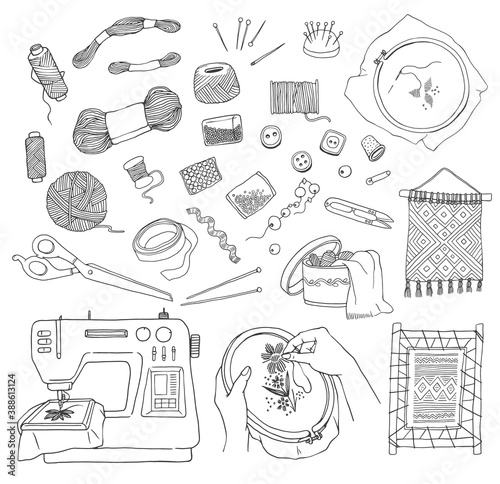 Embroidery and sewing icons set in line sketch vector illustration isolated.