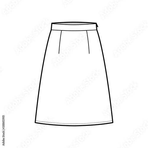 Skirt A-line fullness technical fashion illustration with knee length silhouette, thick waistband, side zipper. Flat bottom template front, white color style. Women, men, unisex CAD mockup