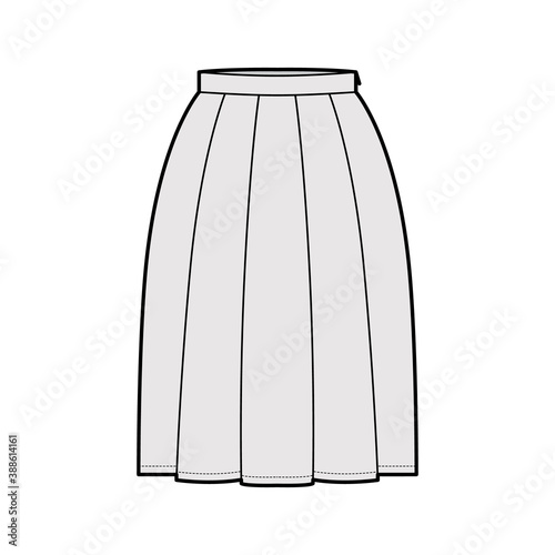 Skirt box pleat technical fashion illustration with below-the-knee silhouette, thin waistband, side zipper. Flat bottom template front, grey color style. Women, men, unisex CAD mockup