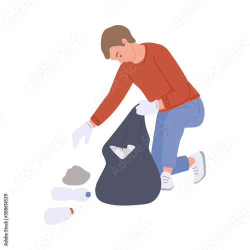 Man swapping trash into a rubbish bag flat vector illustration isolated.