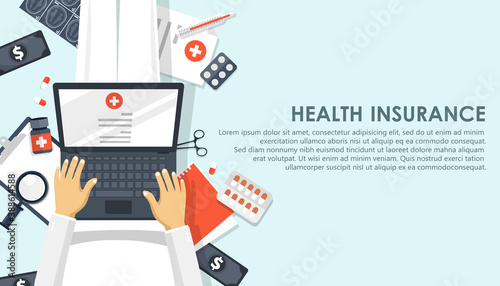 Health care insurance concept. Man fills in the form of health insurance. Flat vector illustration