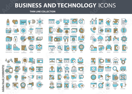 Set vector icons with elements for mobile concepts and web apps. Business and marketing, programming, data management, internet connection, social network, computing, information. Vector	
