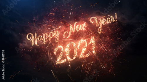 2021 Happy New Year greeting text with particles and sparks on black night sky with colored fireworks on background, beautiful typography magic design.