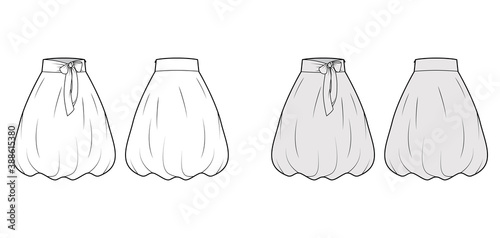 Skirt balloon technical fashion illustration with bow, below-the-knee length silhouette, wide stretch waistband. Flat bottom template front, back white grey color style. Women men unisex CAD mockup