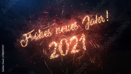2021 Happy New Year greeting text in German with particles and sparks on black night sky with colored fireworks on background, beautiful typography magic design.