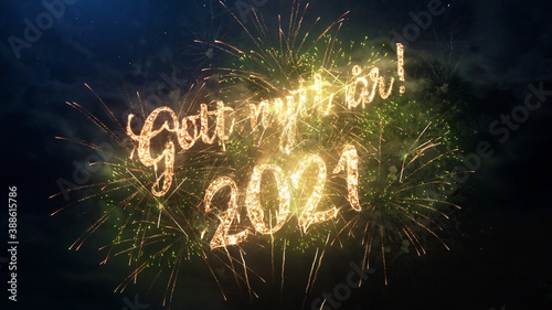 2021 Happy New Year greeting text in Swedish with particles and sparks on black night sky with colored fireworks on background, beautiful typography magic design.
